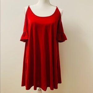 Red Cold Shoulder Ruffle Cuff Flowy Dress